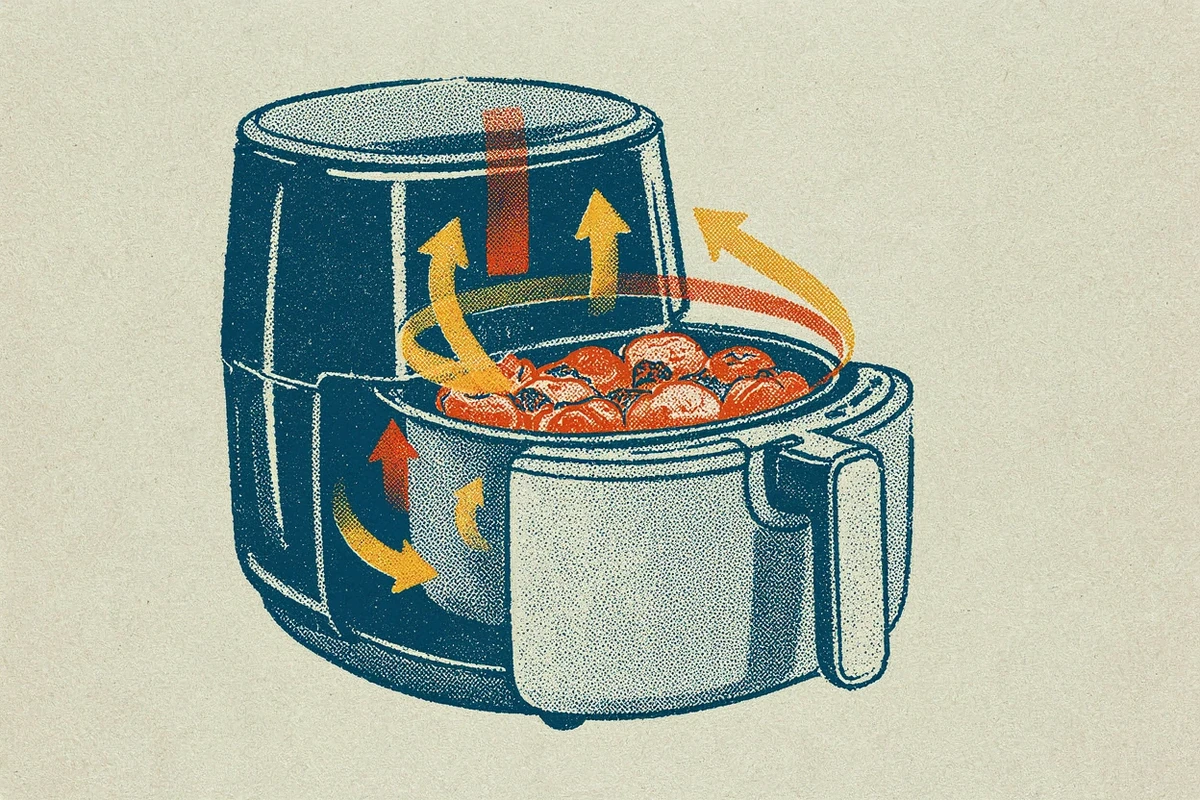 Friteuse à air vue en coupe avec flux d'air chaud et aliments dans le panier