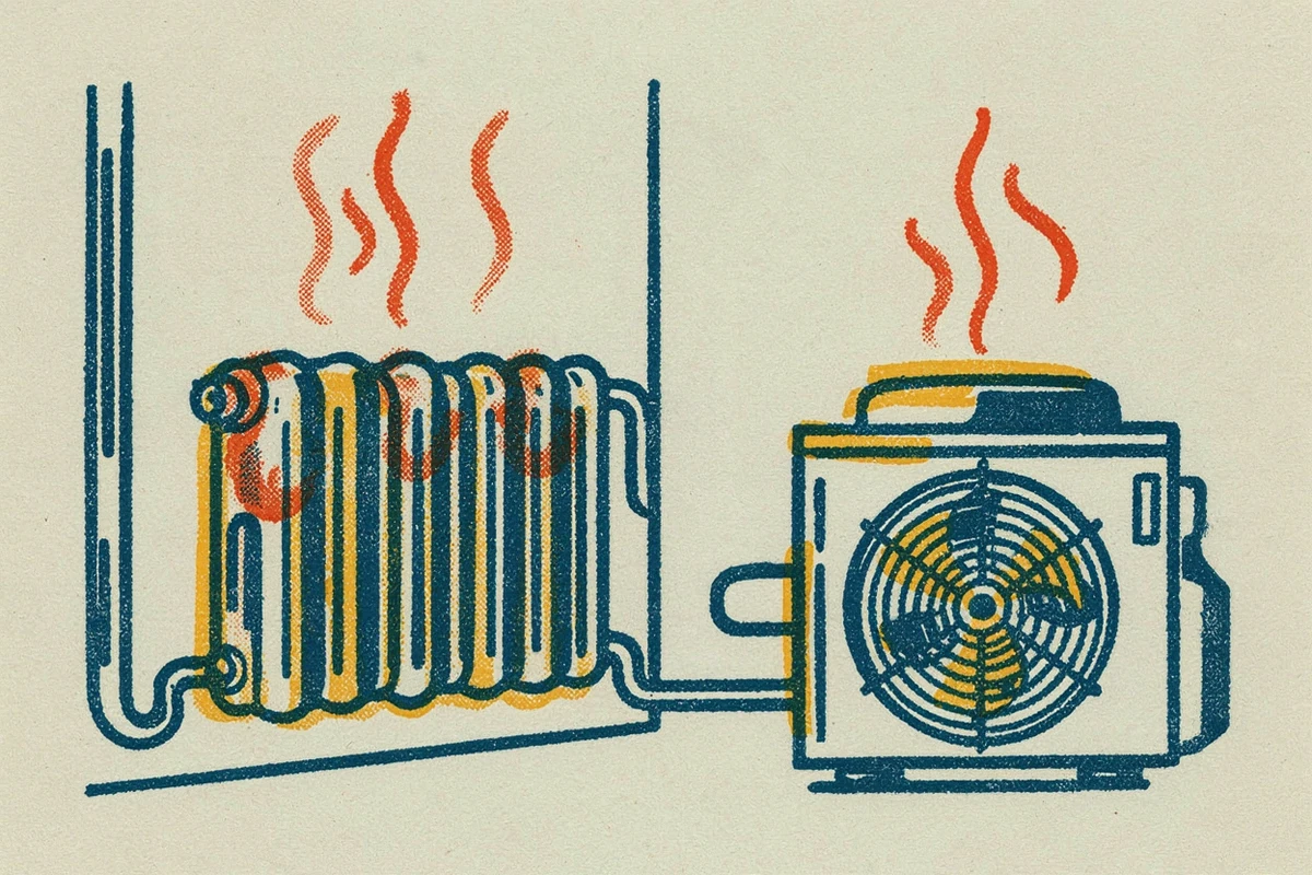 Radiateur et unité extérieure de pompe à chaleur reliés par un flux, illustration comparée