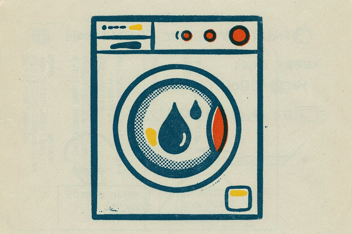 Lave-linge à hublot avec bandeau de commandes et gouttes d'eau