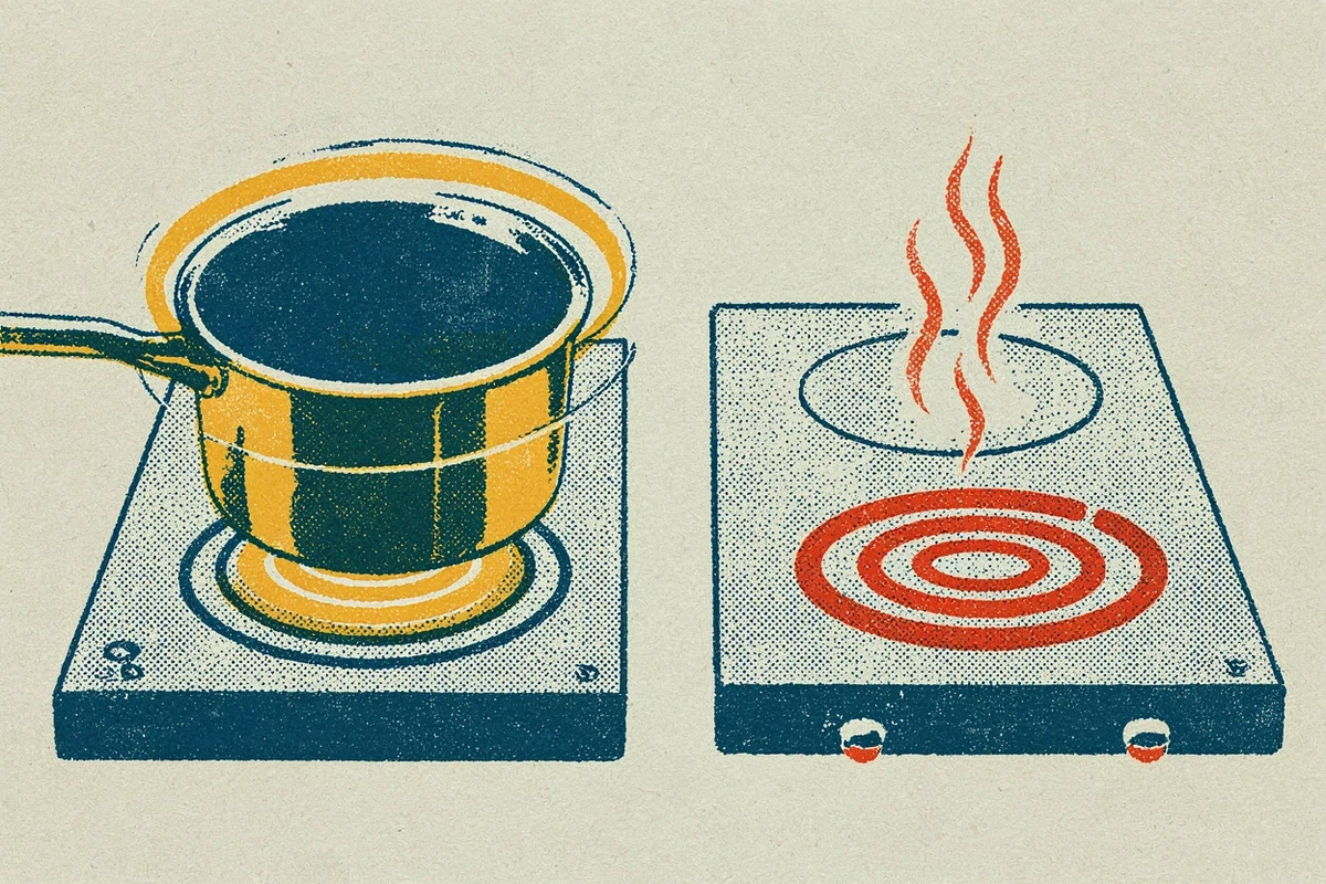 Comparaison de deux plans de cuisson, l'un avec des champs magnétiques, l'autre avec une spirale résistive